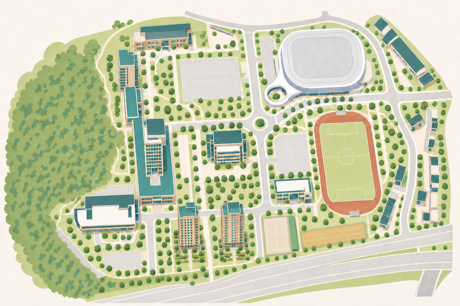 Simplified illustrated map of the Kwangju Women's University campus, showing academic buildings, dormitories, the Universiade Gymnasium, athletic field, parking areas, surrounding woodland, and access roads.